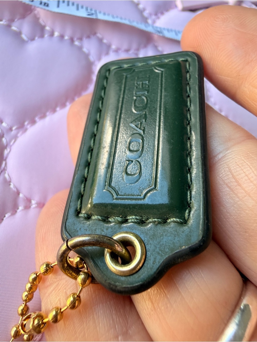 Vintage Coach Forest Green Leather Hangtag Key Fob Bag Charm Brass Hardware 💚